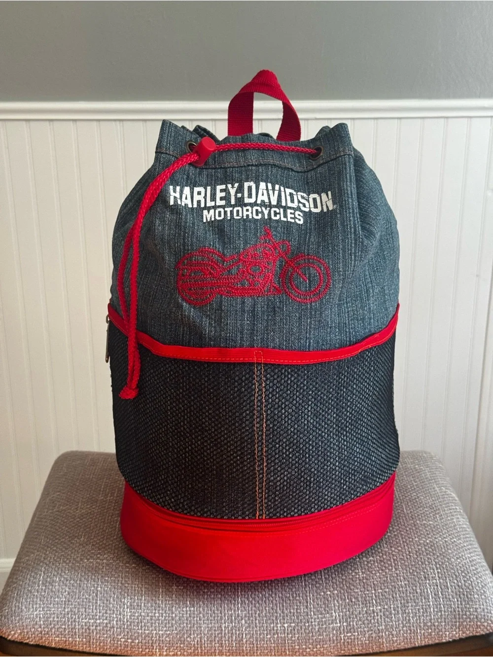 Vintage Harley-Davidson Denim Backpack with Red Trim and Motorcycle Embroidery